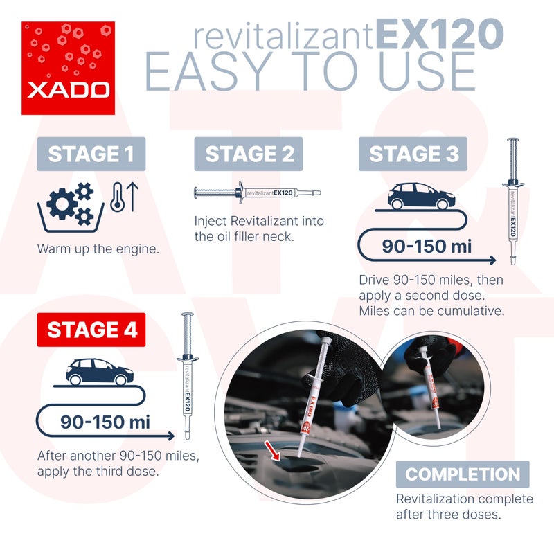 XADO EX120 Motor Oil Additive - Engine Restore - Ceramic-Metal Coating and Revitalizant - Oil Treatment for High Mileage Engines - Restores Worn Metal Parts - for Gas and LPG Vehicles (Syringe 8 ml) - Image 5